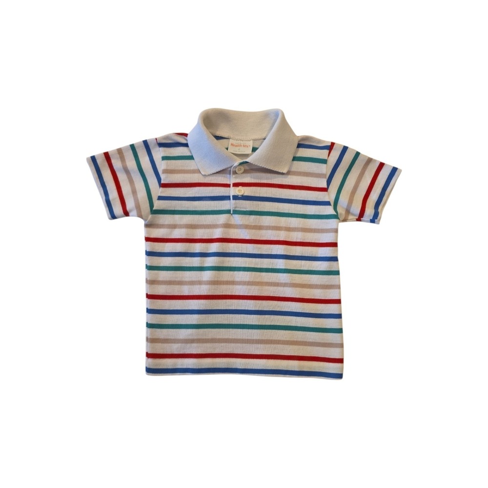 Vintage Health-Tex Toddler Polo Shirt Size 4 USA Striped Red Blue Green Tan